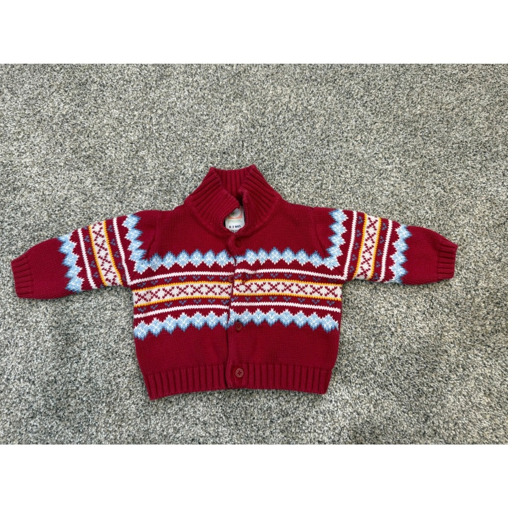 Vintage Y2K Gymboree Baby Red Fair Isle Cotton Knit Cardigan Sweater 0-3 Months